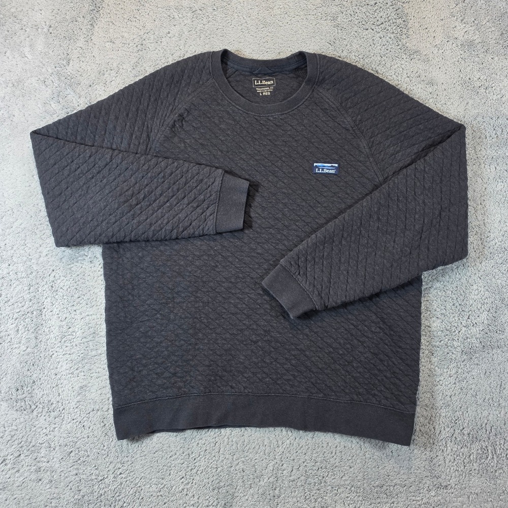 LL Bean Quilted Sweatshirt Mens L Black Traditional Fit Raglan Diamond Crewneck